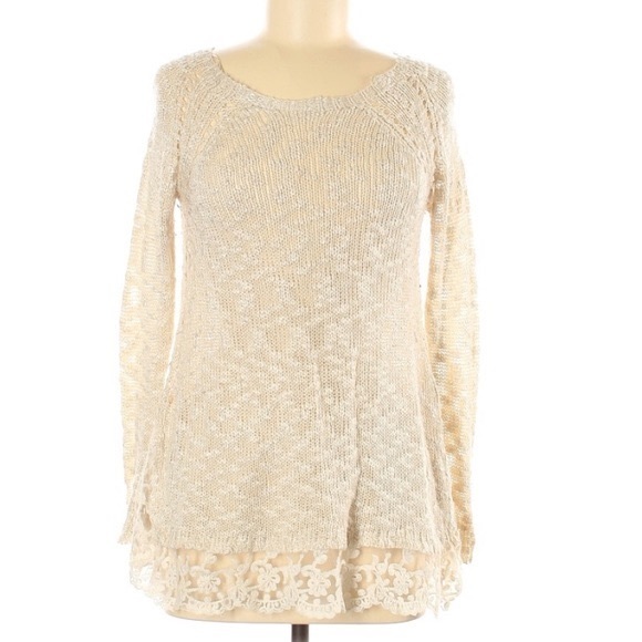 Maxumi size M ivory tan BOHO slubbed knit A-line lace bottom pullover sweater - Picture 1 of 13
